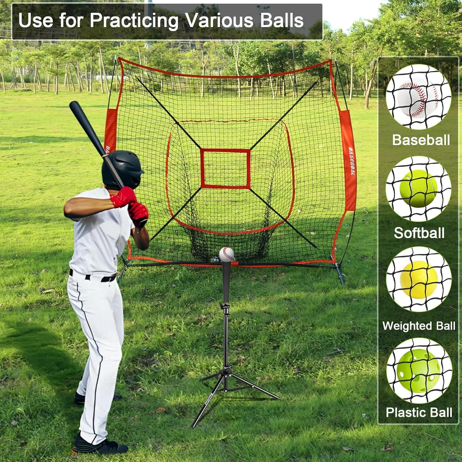 7'7' Baseball Softball Practice Net,Baseball Backstop,with Batting Tee,for Hitting Pitching Batting Catching with Bow Frame,Bonus Strike Zone