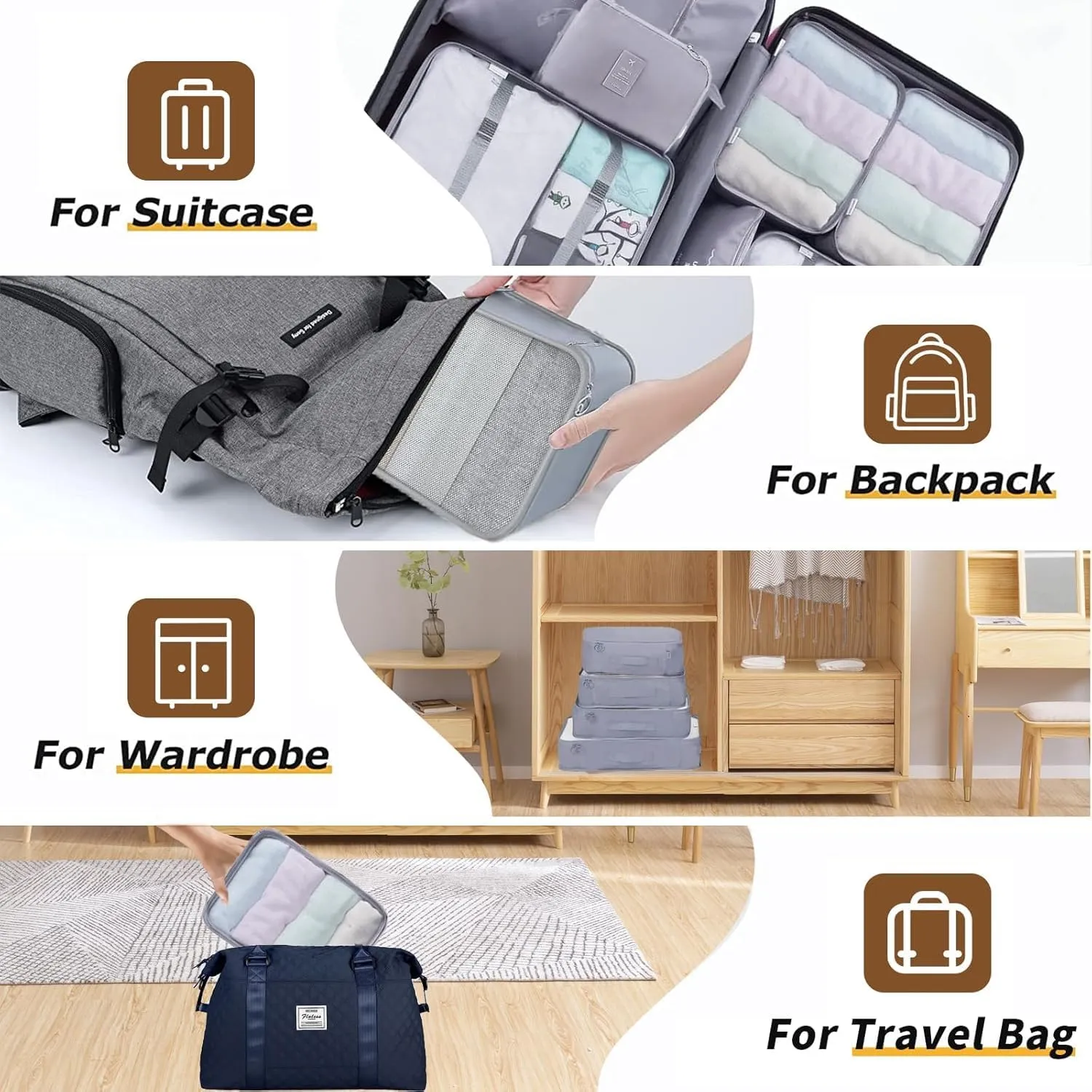 8 Set Packing Cubes for Suitcases Travel Luggage Packing Organizers,Travel Essentials Accessories Luggage Organizer with Shoe Bag Tioletry/Laundry BagGrey