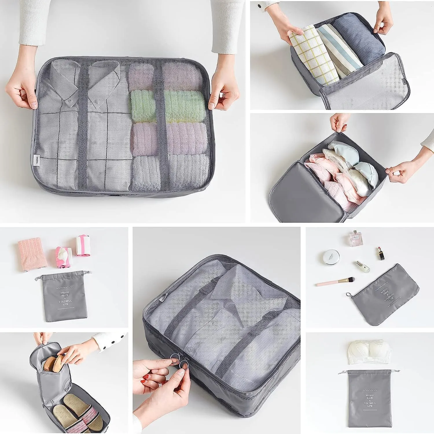 8 Set Packing Cubes for Suitcases Travel Luggage Packing Organizers,Travel Essentials Accessories Luggage Organizer with Shoe Bag Tioletry/Laundry BagGrey