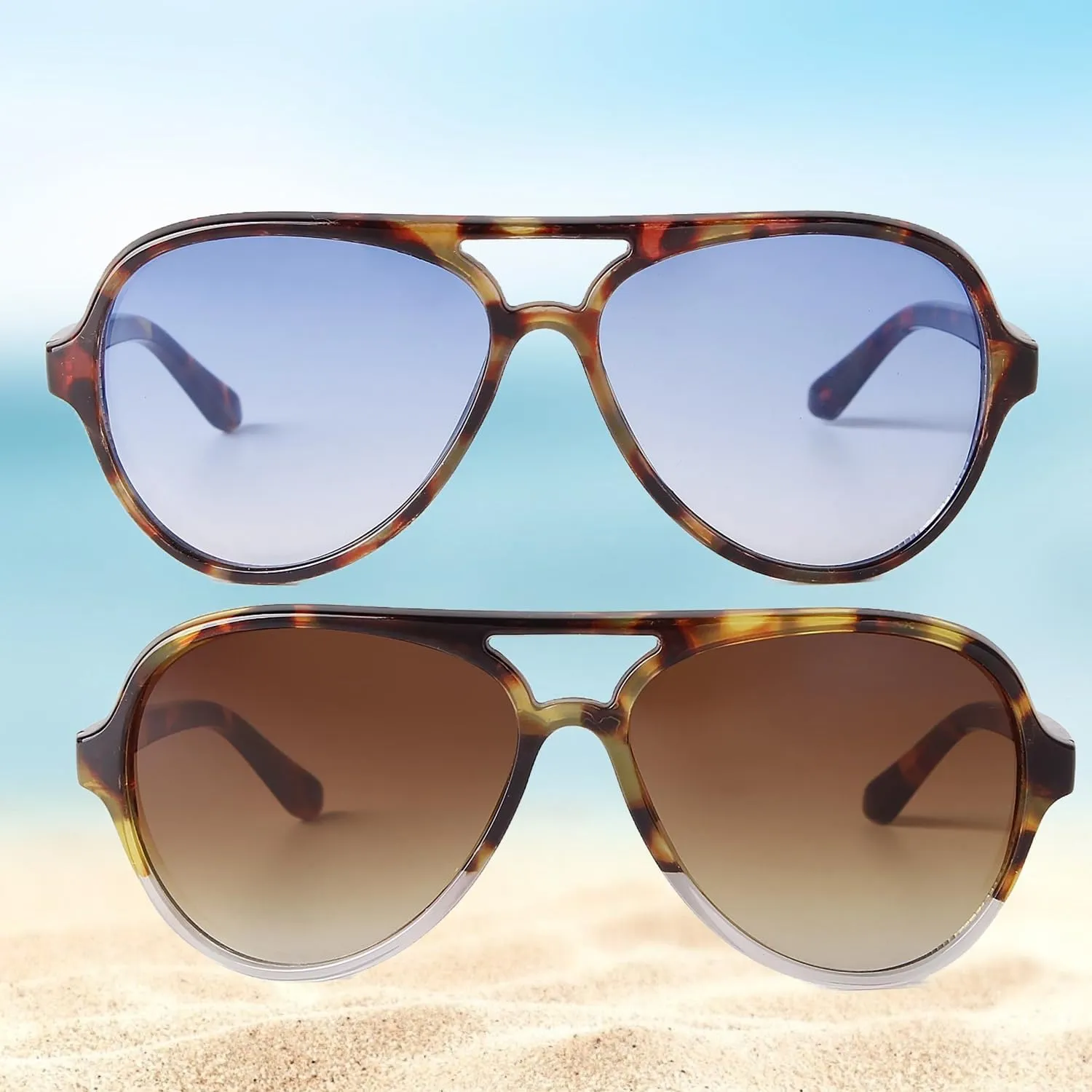 ADE WU 2 Packs Retro Oversized Aviator Sunglasses Womens Mens Black Tortoise Shell Plastic Double Bridge Aviators