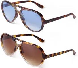 ADE WU 2 Packs Retro Oversized Aviator Sunglasses Womens Mens Black Tortoise Shell Plastic Double Bridge Aviators