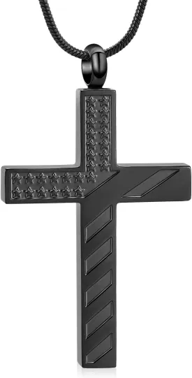 American Flag Cross Urn Necklace for Ashes for Men Women Cremation Jewelry Religious Cross Ashes Keepsake Memorial Jewelry of Loved One