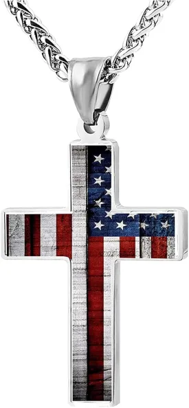 American Flag Patriotic Cross Pendant Necklace Religious Jewelry for Men