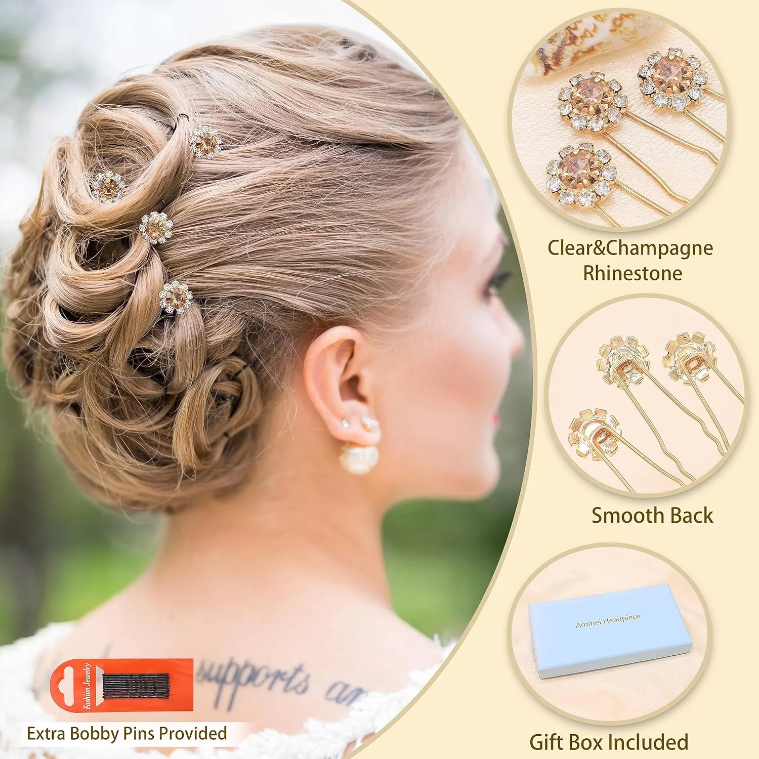 Ammei Crystal Bridal Hair Pins Clips Wedding Hair Accessories Hair Set Jewelry With Rhinestone For Brides and Bridesmaids Set Of 12 (Gold Plated Champagne)