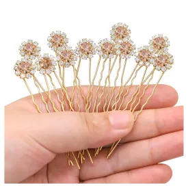 Ammei Crystal Bridal Hair Pins Clips Wedding Hair Accessories Hair Set Jewelry With Rhinestone For Brides and Bridesmaids Set Of 12 (Gold Plated Champagne)