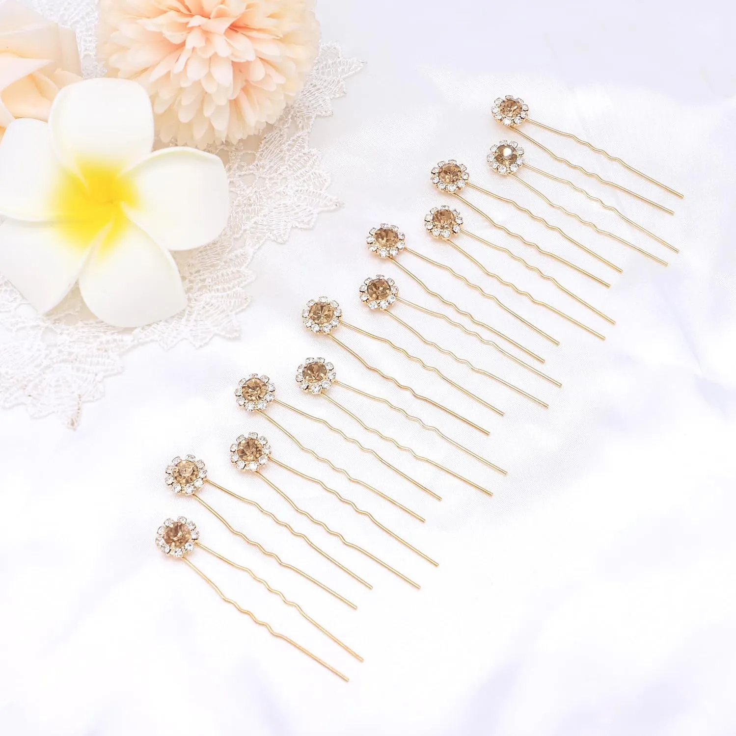 Ammei Crystal Bridal Hair Pins Clips Wedding Hair Accessories Hair Set Jewelry With Rhinestone For Brides and Bridesmaids Set Of 12 (Gold Plated Champagne)