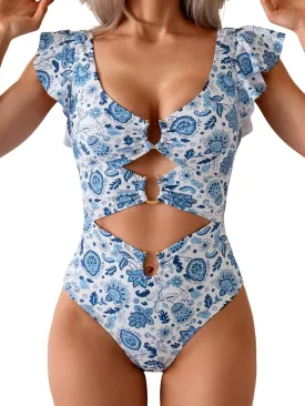 B2prity Women's One Piece Swimsuit Ruffle Sleeve Cut Out Bathing Suit Tie Back High Waisted Swim Suit