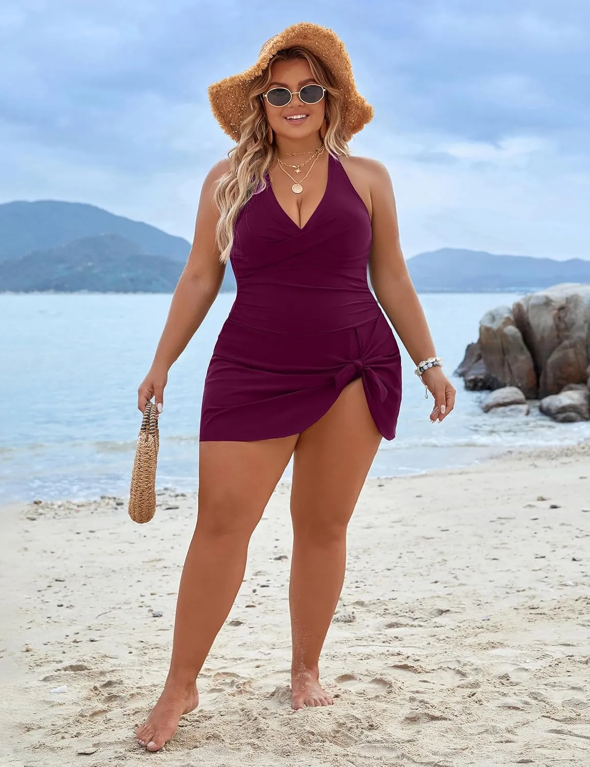 Blooming Jelly Women Plus Size Swim Dress Swimsuit One Piece Tummy Control Bathing Suits Modest Criss Cross Swim Suits