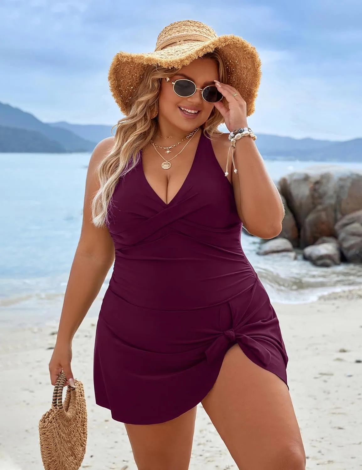 Blooming Jelly Women Plus Size Swim Dress Swimsuit One Piece Tummy Control Bathing Suits Modest Criss Cross Swim Suits
