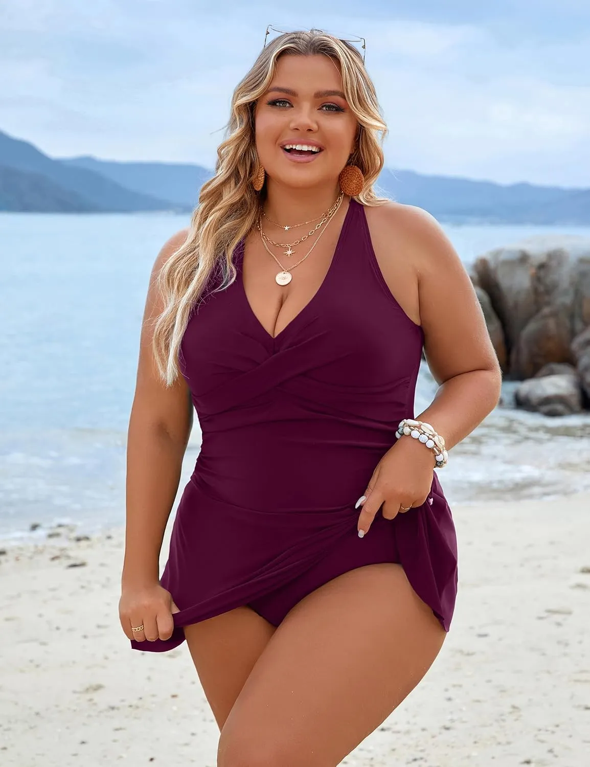 Blooming Jelly Women Plus Size Swim Dress Swimsuit One Piece Tummy Control Bathing Suits Modest Criss Cross Swim Suits