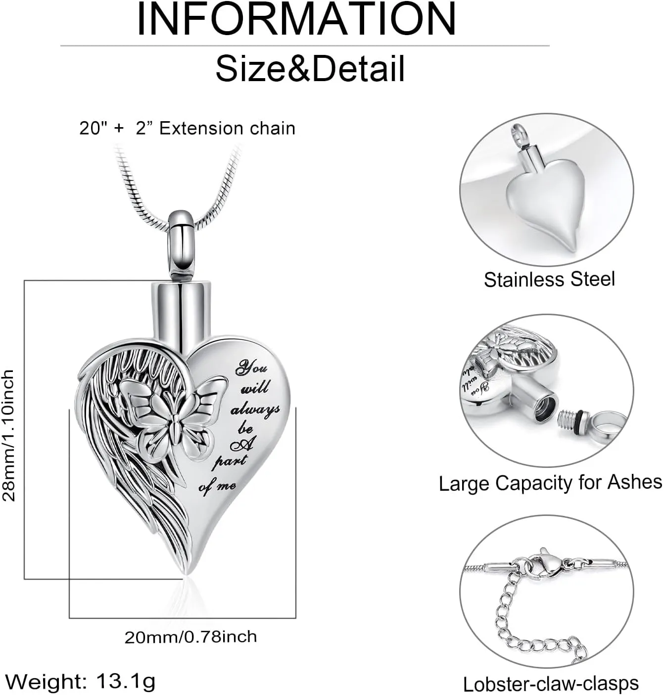 Butterfly Urn Necklace Pendant for Human Ashes Butterfly Heart Cremation Jewelry for Women Men Memorial Keepsakes Pendant Locket Ash Holder