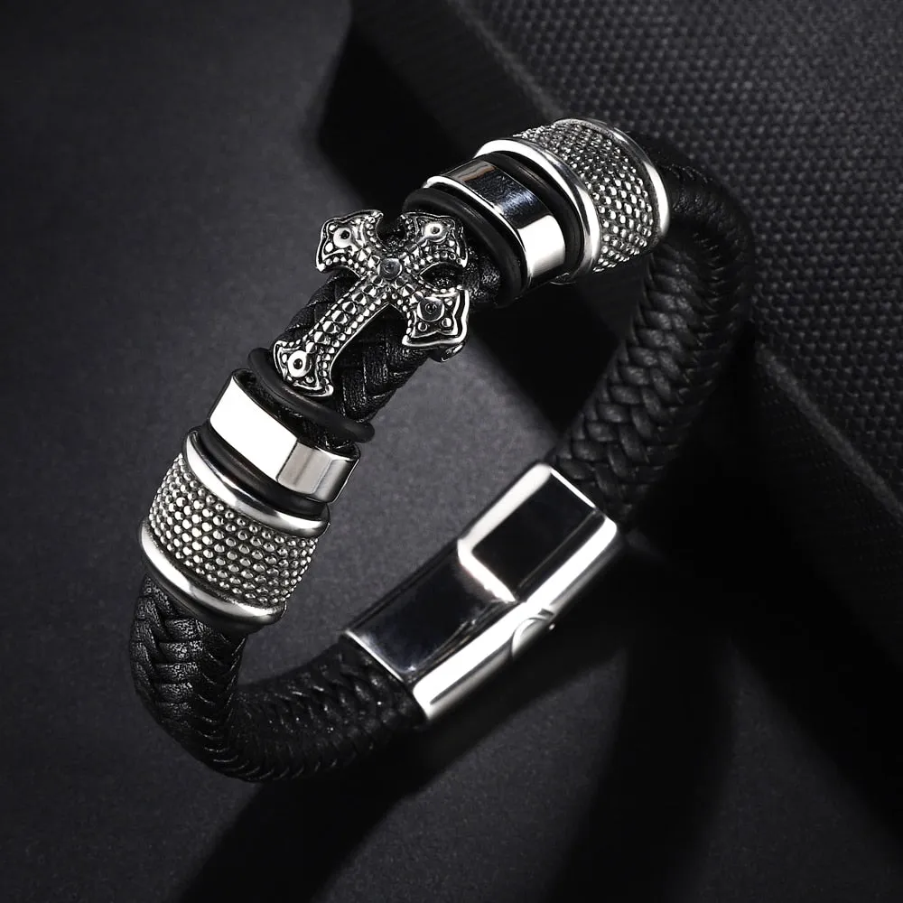 Cross Stainless Steel Men’s Leather Bracelet