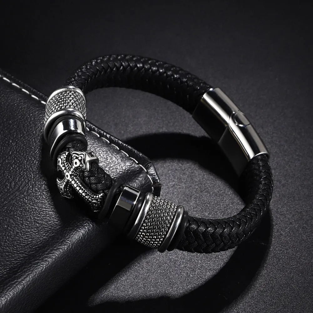 Cross Stainless Steel Men’s Leather Bracelet