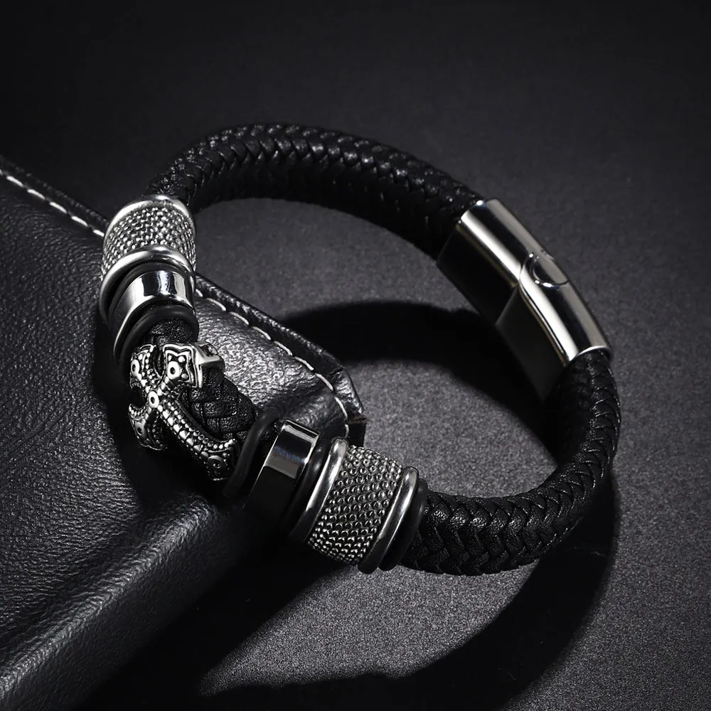 Cross Stainless Steel Men’s Leather Bracelet