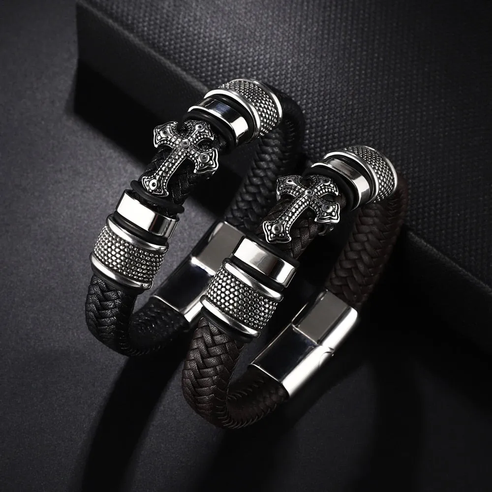 Cross Stainless Steel Men’s Leather Bracelet