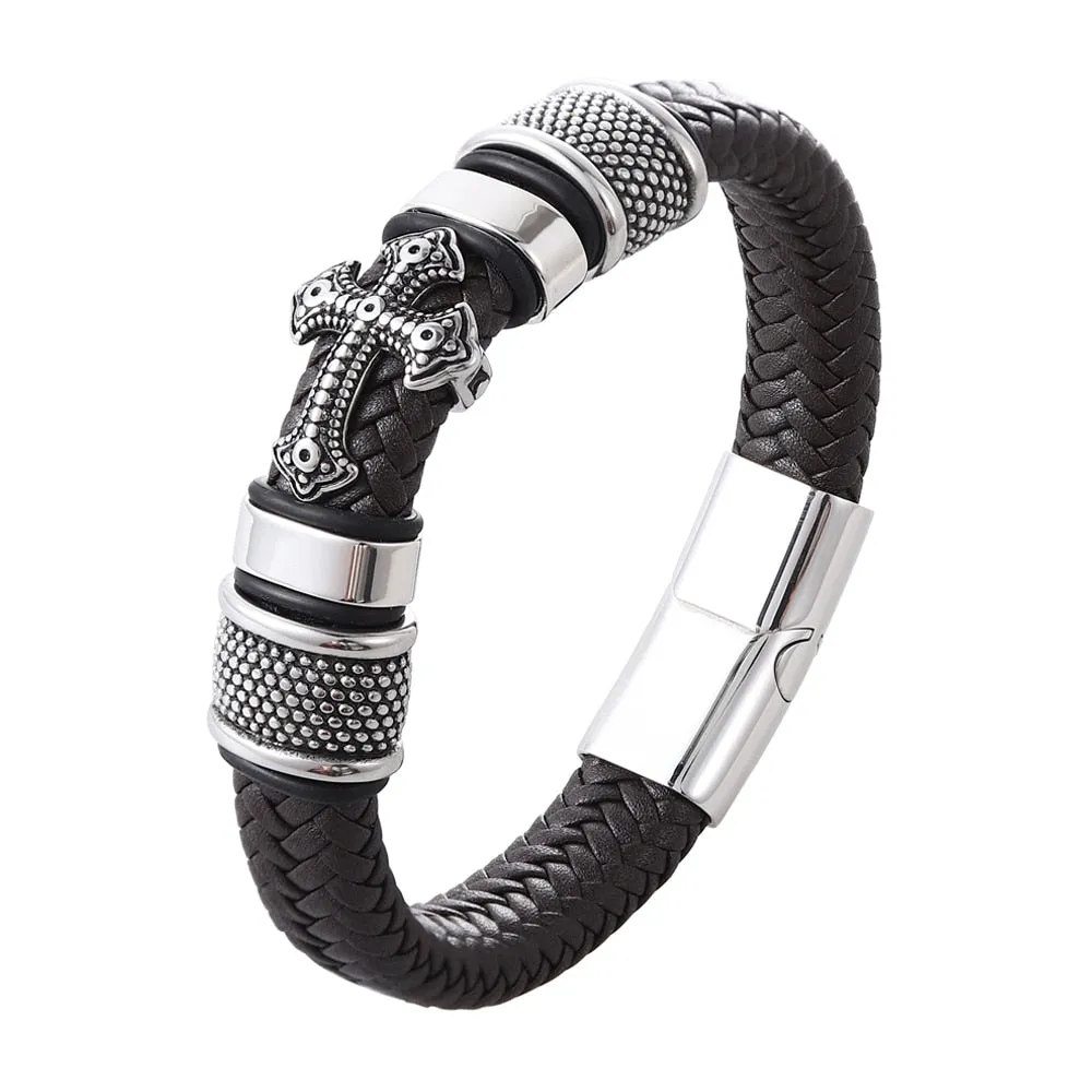 Cross Stainless Steel Men’s Leather Bracelet