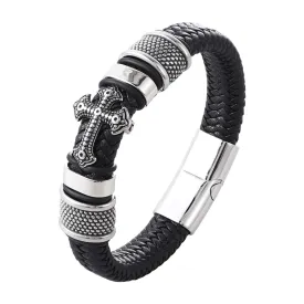 Cross Stainless Steel Men’s Leather Bracelet