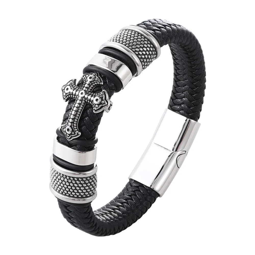 Cross Stainless Steel Men’s Leather Bracelet
