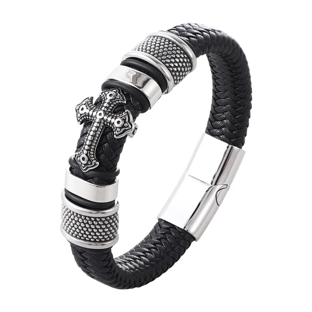Cross Stainless Steel Men’s Leather Bracelet