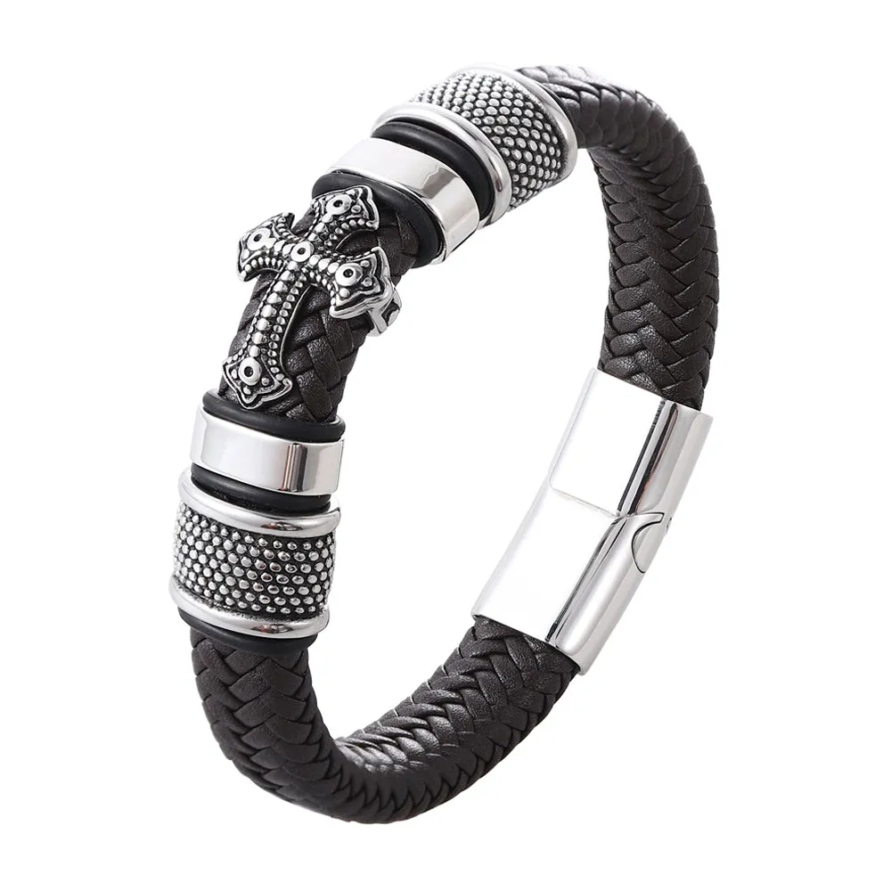 Cross Stainless Steel Men’s Leather Bracelet