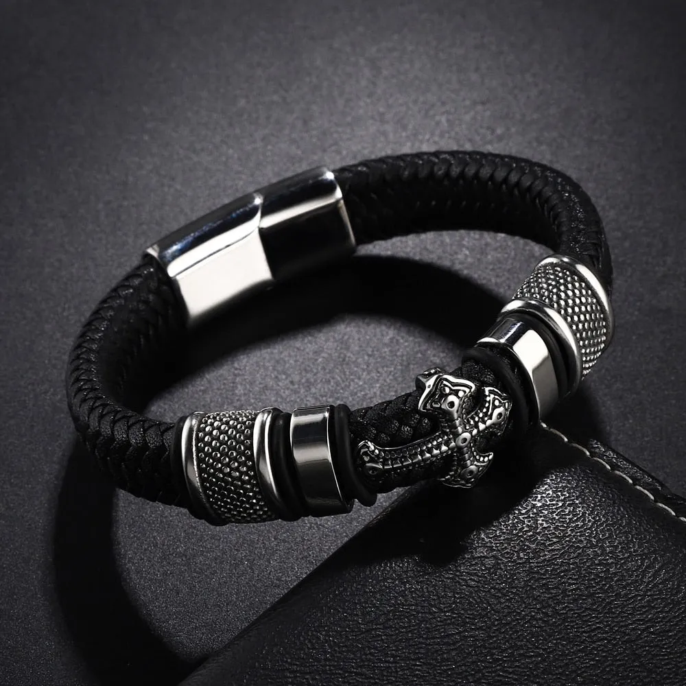 Cross Stainless Steel Men’s Leather Bracelet