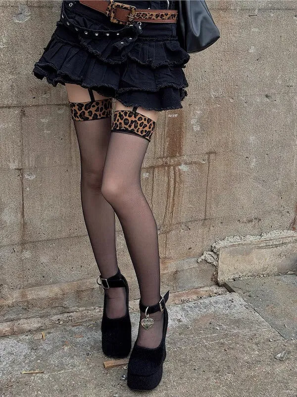 Dark leopard suspender stockings tights