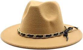 DHAEY New Golden Chain Bow Belt Woolen Hat European and American Jazz Felt Hat Men's and Women's Large Flat Brimmed Hat Luopan Caps & Hats(Camel)