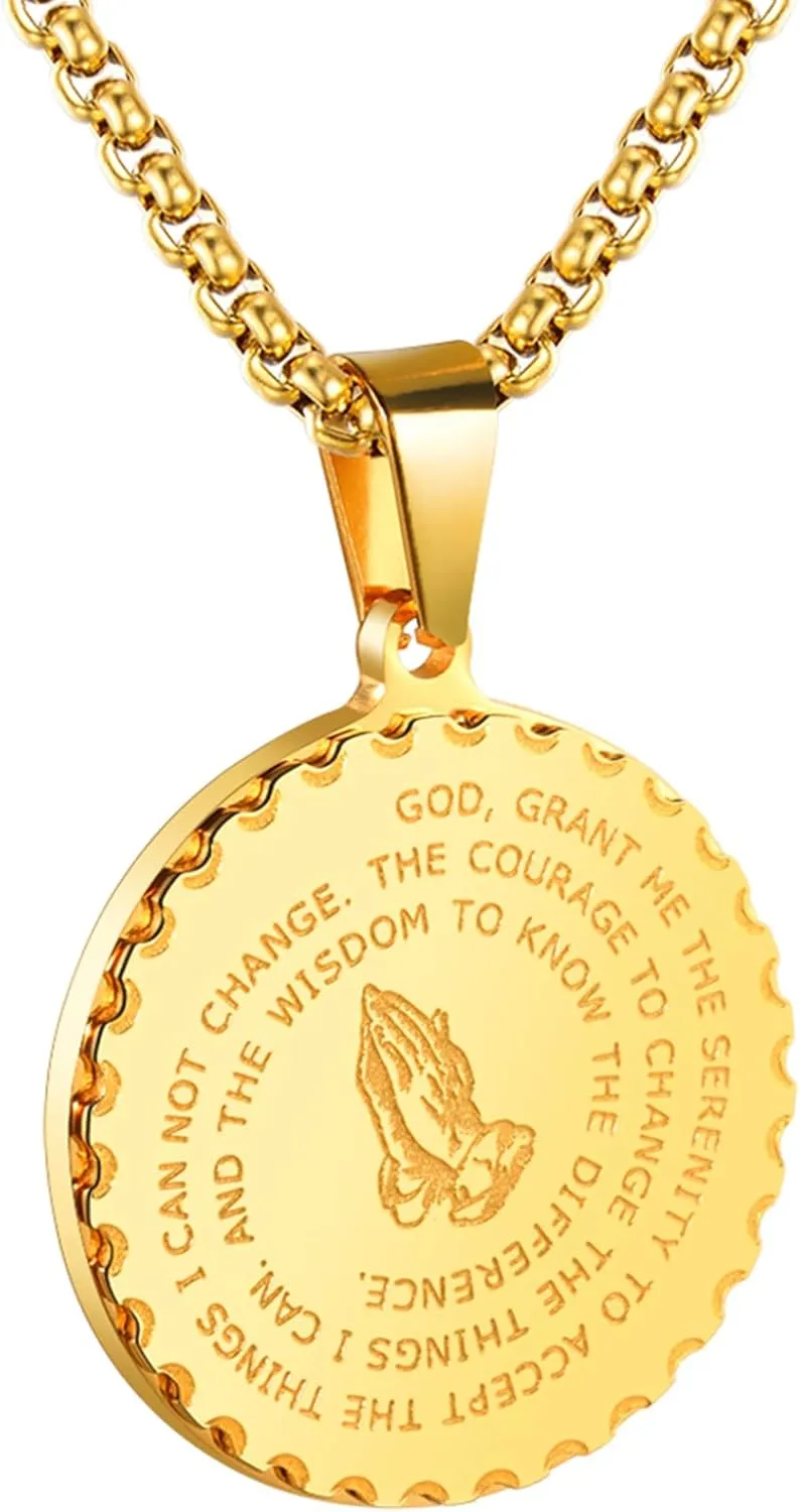 Fashion 18K Gold Plated Serenity Prayer Necklace Stainless Steel Prayer of Hand Pendant Necklace