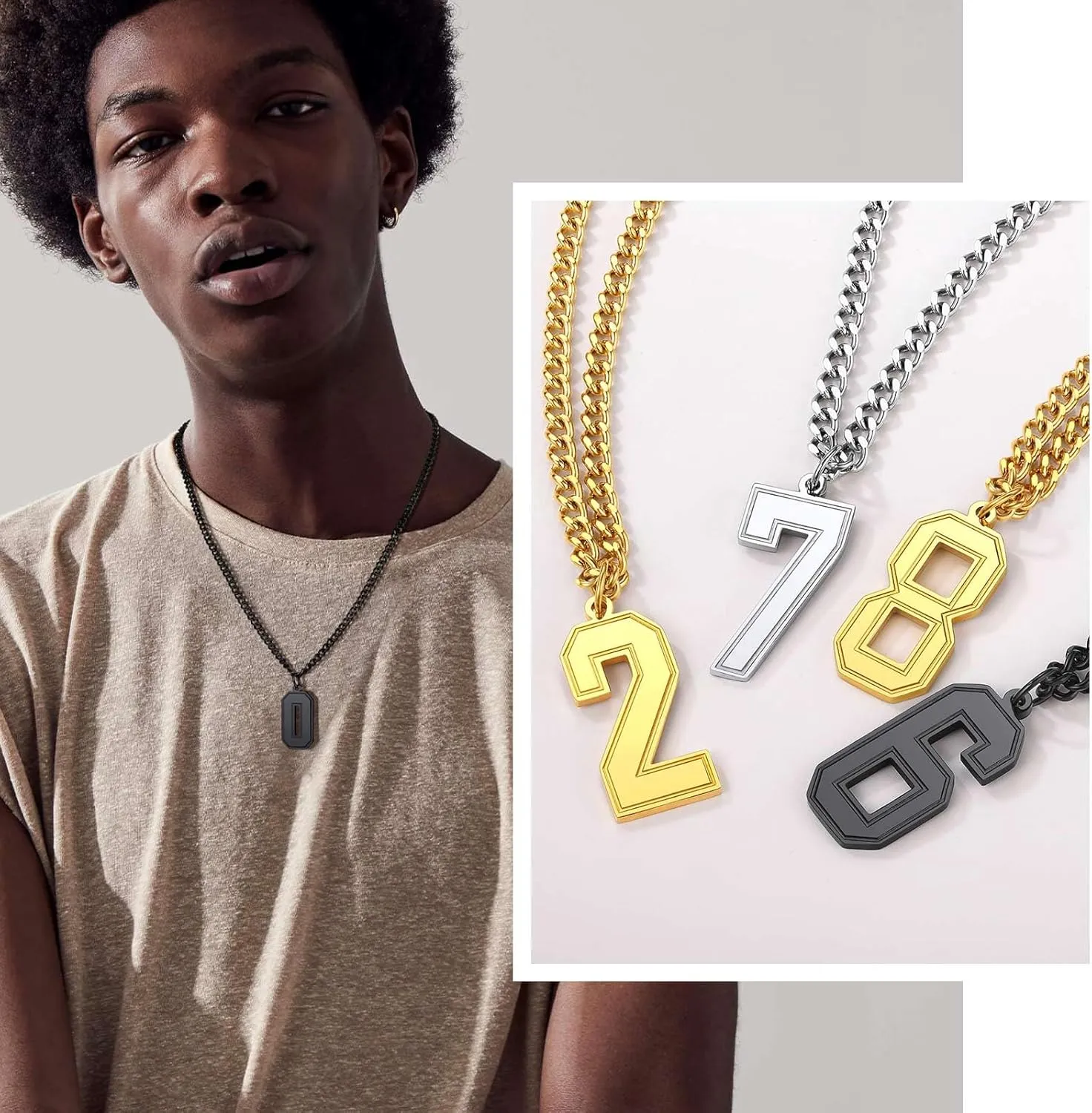 FindChic Sports Jersey Number 0 to 9 Necklaces for Men Boys Stainless Steel/ 18K Gold Plated/Black Custom 00-999 2/3 Digits Number Pendant Personalized Jewelry, with Gift Box