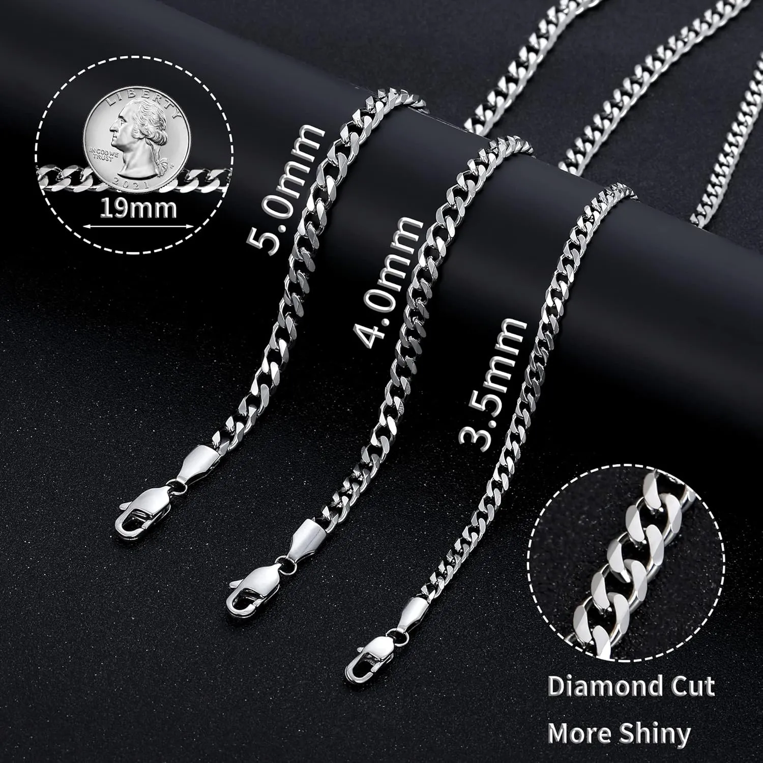 Fiusem Father's Day Gifts 3.5mm Cuban Link Chains for Men, Silver Tone/Black/14K Gold Plated Stainless Steel Necklace Chain, Mens Necklace 16, 18, 20, 22, 24, 26, 28 Inch