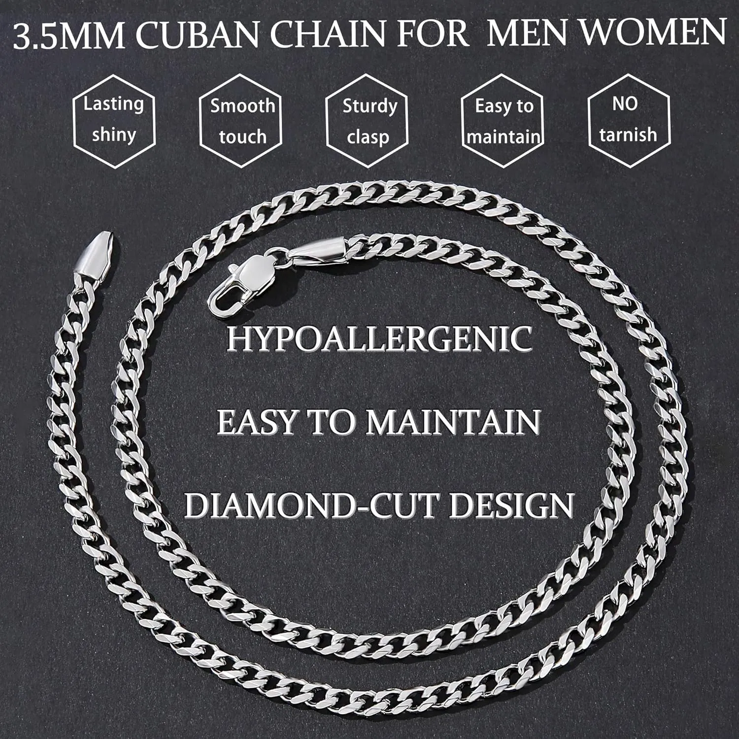 Fiusem Father's Day Gifts 3.5mm Cuban Link Chains for Men, Silver Tone/Black/14K Gold Plated Stainless Steel Necklace Chain, Mens Necklace 16, 18, 20, 22, 24, 26, 28 Inch