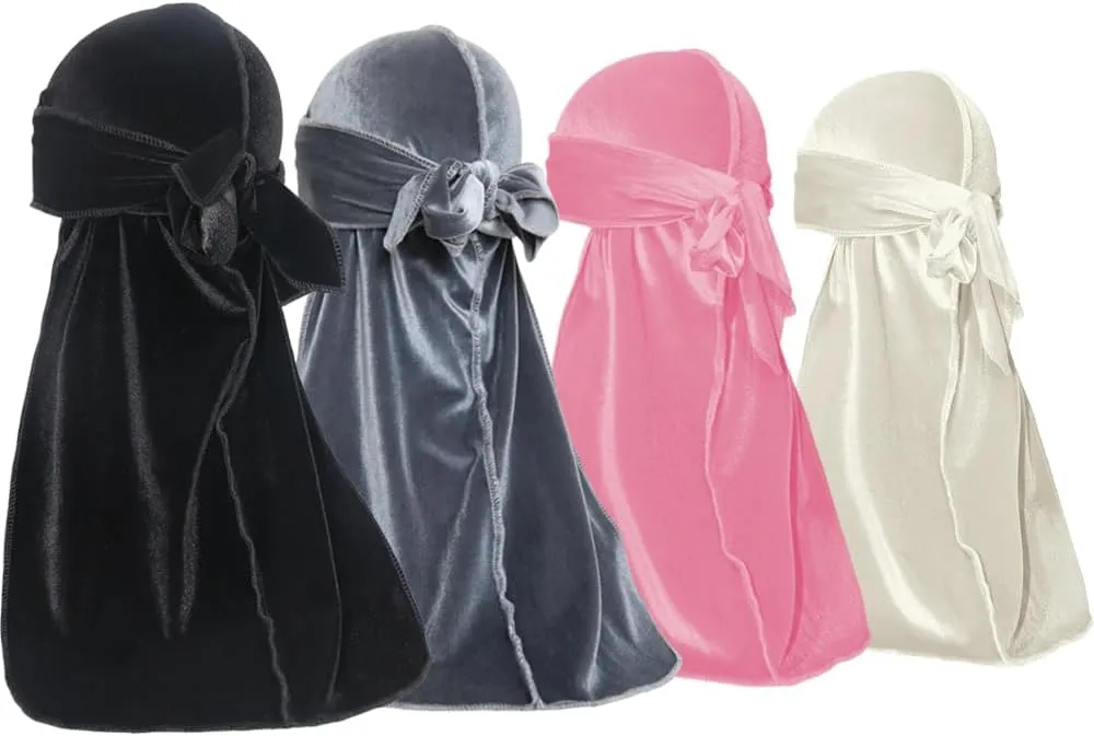 ForceWave Velvet Durags for Men Premium Du Rags Pack of 4 for Men Women with Long Tail and Wide Strap
