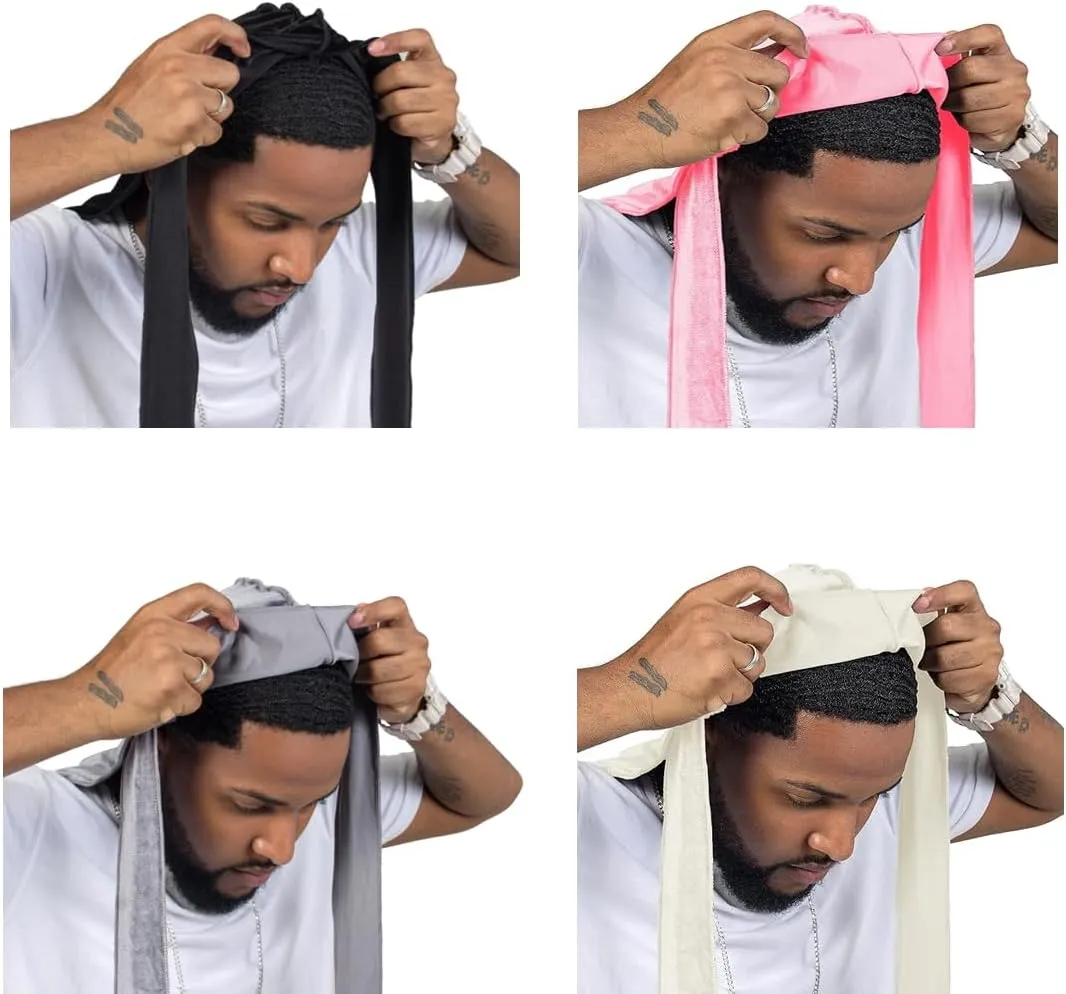 ForceWave Velvet Durags for Men Premium Du Rags Pack of 4 for Men Women with Long Tail and Wide Strap