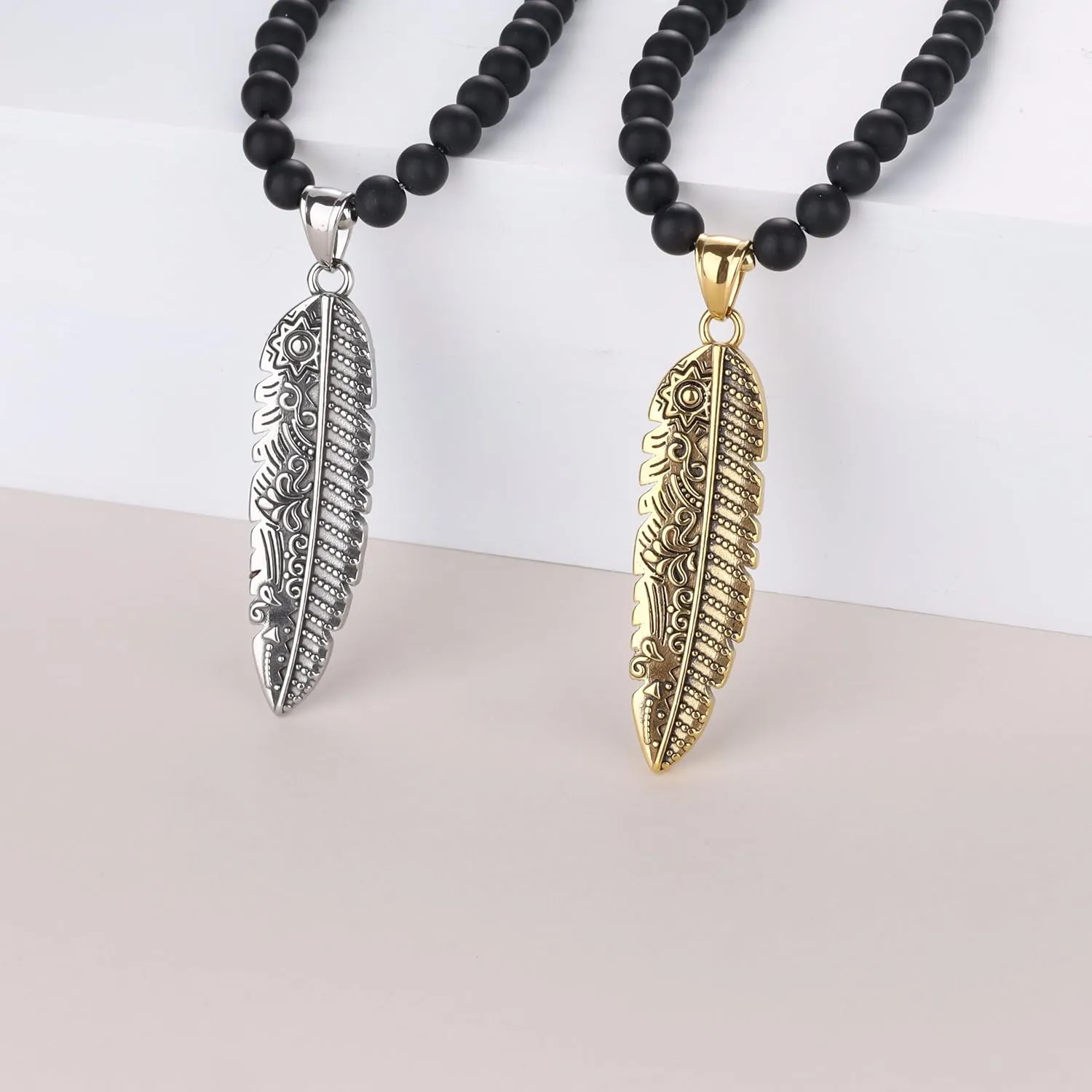 GAVU Crystal Jewelry, Gold Plated Stainless Steel Feather Pendant Necklace for Men, Black Onyx Necklace for Men