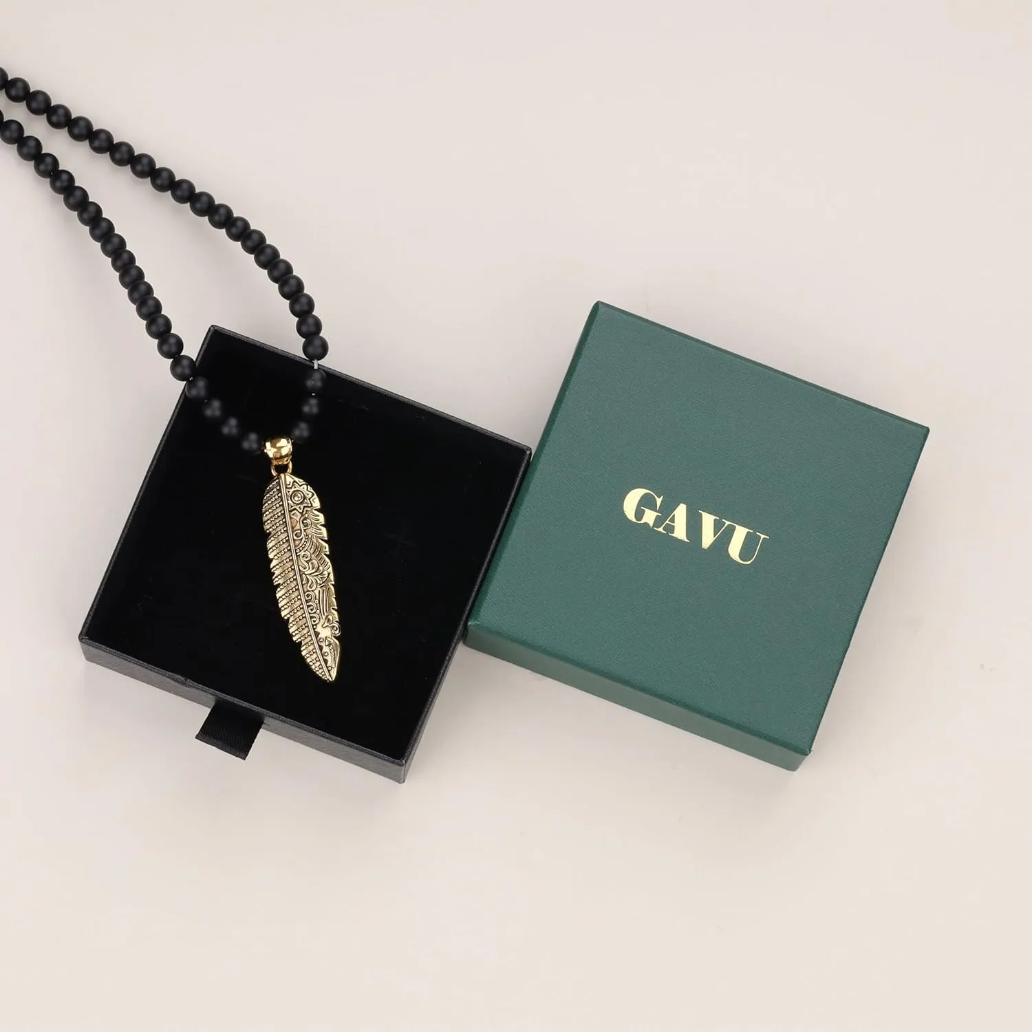 GAVU Crystal Jewelry, Gold Plated Stainless Steel Feather Pendant Necklace for Men, Black Onyx Necklace for Men