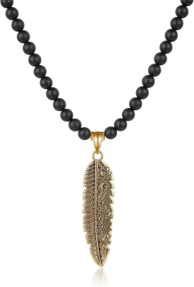 GAVU Crystal Jewelry, Gold Plated Stainless Steel Feather Pendant Necklace for Men, Black Onyx Necklace for Men