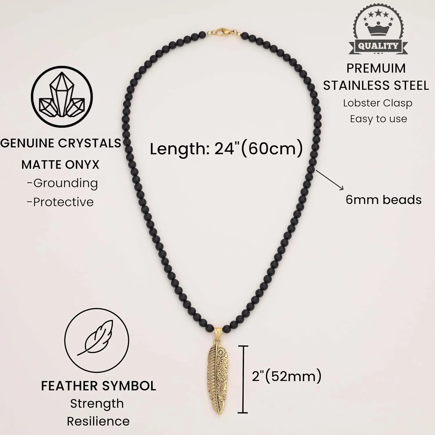 GAVU Crystal Jewelry, Gold Plated Stainless Steel Feather Pendant Necklace for Men, Black Onyx Necklace for Men