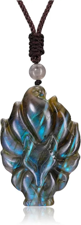 GEHECRST Labradorite Crystal Fox Necklace Carved Natural Healing Crystal Stone Necklace for Men Women Energy Gemstone Protection Crystals Pendant Necklace Jewelry Gift for Christmas