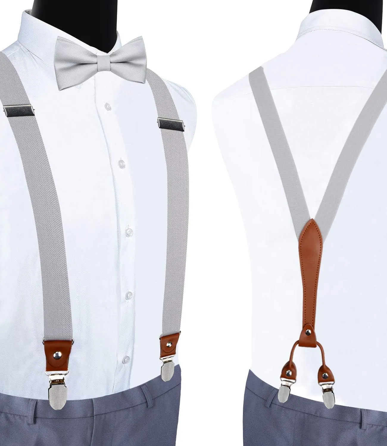 GUSLESON Suspenders & Bowtie Set Men's Elastic Band Suspenders   Bowtie for Wedding, Formal Events