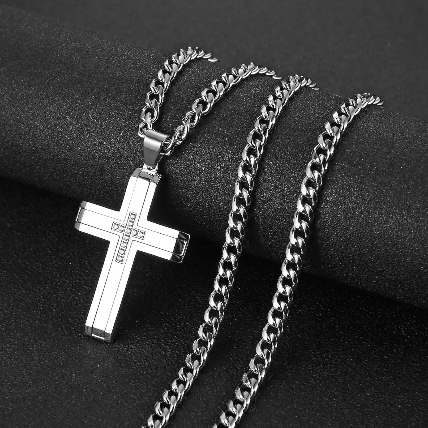 HZMAN Cross Necklace for Men Stainless Steel High Polished Minimalist Cross Necklace Pendant Christian Jewelry Gift with 24Inch Cuban Chain