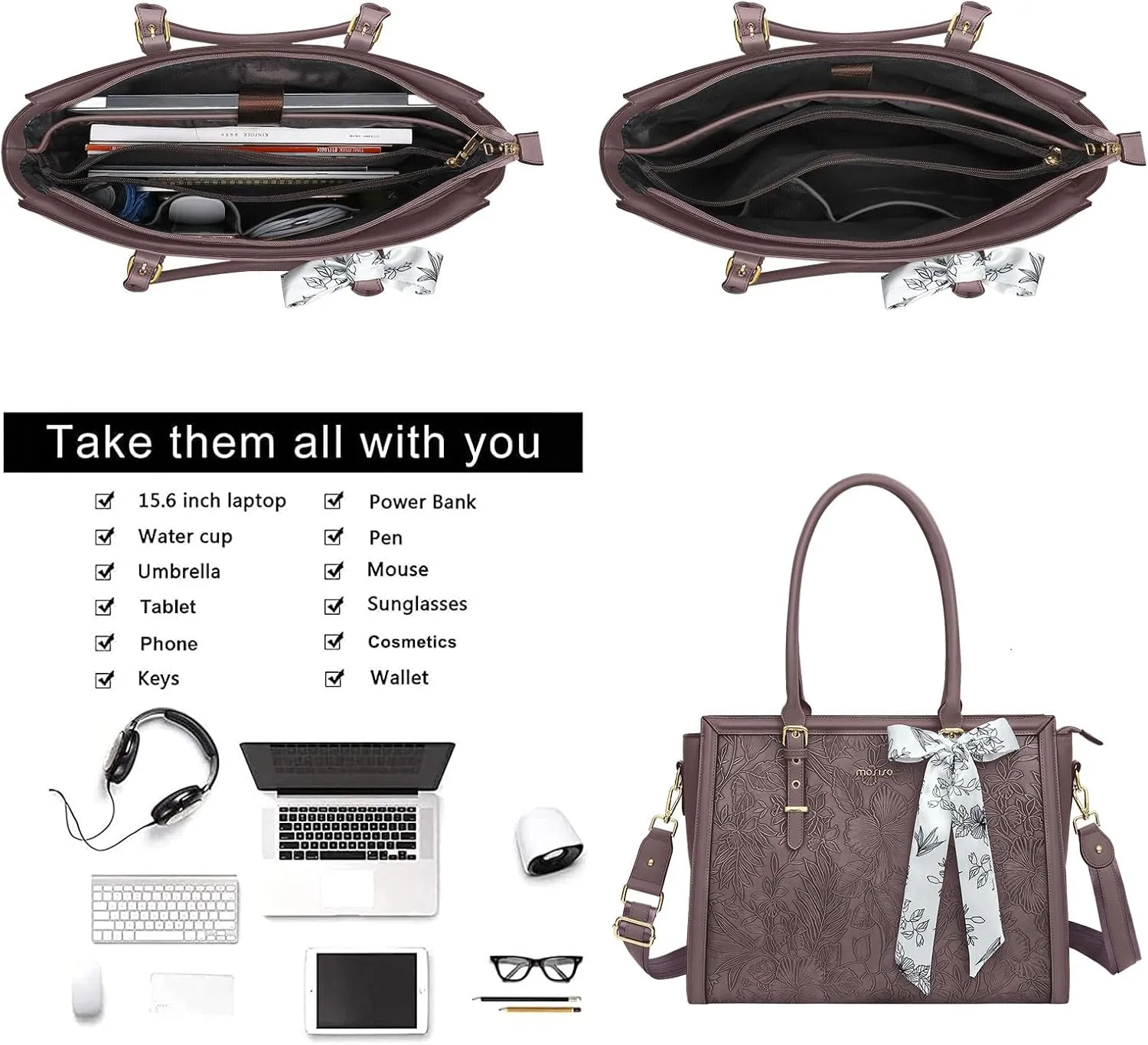 MOSISO Laptop Bag for Women, 17-17.3 inch PU Leather Tote Bag Compatible with MacBook, HP, Dell, Asus Notebook, Front Embossed Retro Hibiscus Computer Bag with Silk Scarf&Clutch Purse, Slate Purple