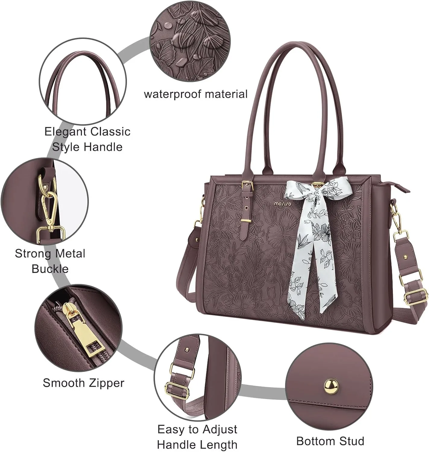 MOSISO Laptop Bag for Women, 17-17.3 inch PU Leather Tote Bag Compatible with MacBook, HP, Dell, Asus Notebook, Front Embossed Retro Hibiscus Computer Bag with Silk Scarf&Clutch Purse, Slate Purple