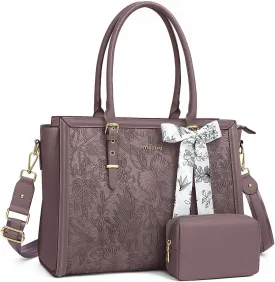 MOSISO Laptop Bag for Women, 17-17.3 inch PU Leather Tote Bag Compatible with MacBook, HP, Dell, Asus Notebook, Front Embossed Retro Hibiscus Computer Bag with Silk Scarf&Clutch Purse, Slate Purple