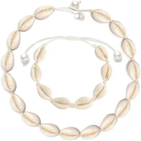 Natural Shell Necklace Bracelet Anklet Set, Handmade Adjustable Pearl Buckle Summer Boho Hawaii Beach Seashell Choker Jewelry Gift for Women Girls