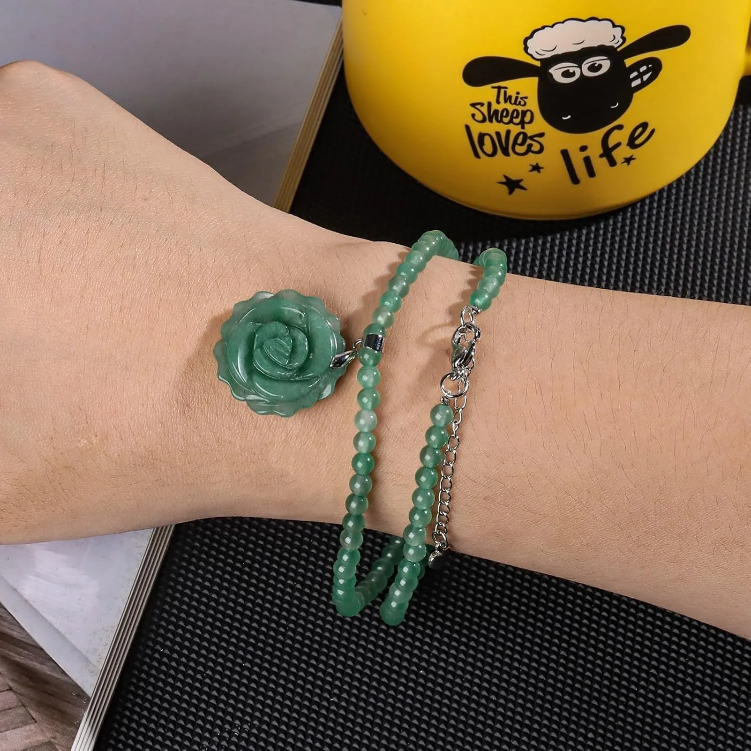 Nupuyai Hand Carved Rose Flower Stone Pendant Necklace for Women Men, Natural 4mm Long Crystal Stone Beaded Necklace Bead Wrap Strand Bracelet for Unisex 9.4-9.8''