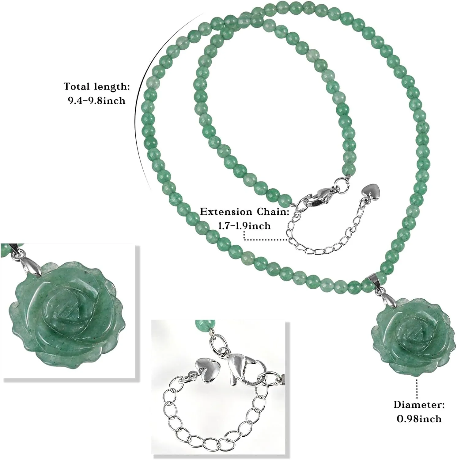 Nupuyai Hand Carved Rose Flower Stone Pendant Necklace for Women Men, Natural 4mm Long Crystal Stone Beaded Necklace Bead Wrap Strand Bracelet for Unisex 9.4-9.8''
