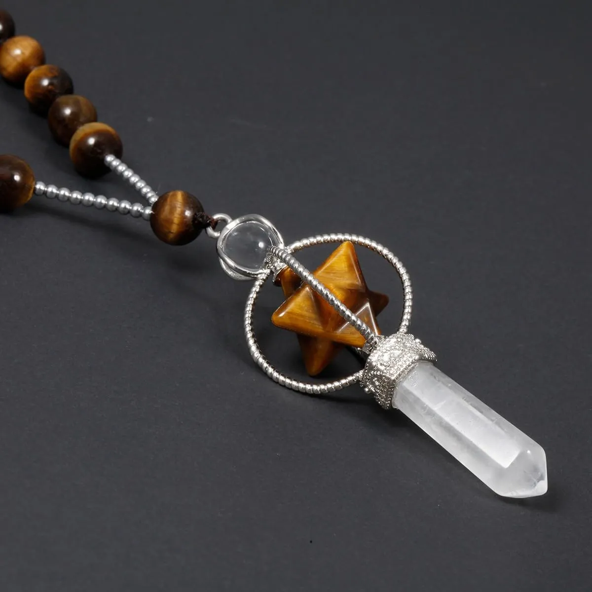 Nupuyai Hexagonal Merkaba Pendant Necklace for Meditation, Crystal Point Stone Beaded Necklace for Women and Men