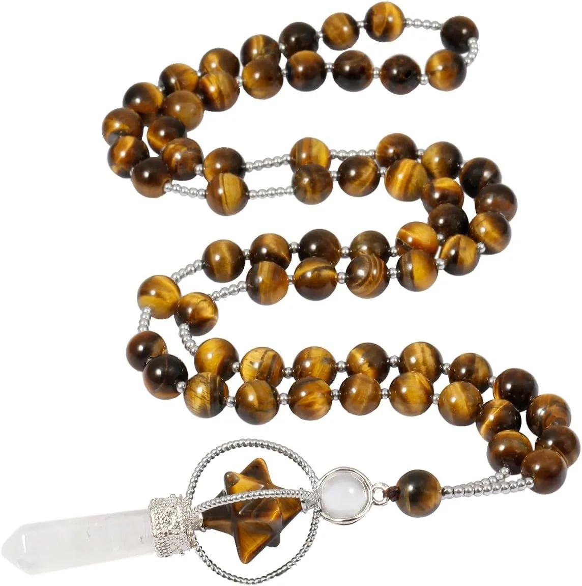 Nupuyai Hexagonal Merkaba Pendant Necklace for Meditation, Crystal Point Stone Beaded Necklace for Women and Men