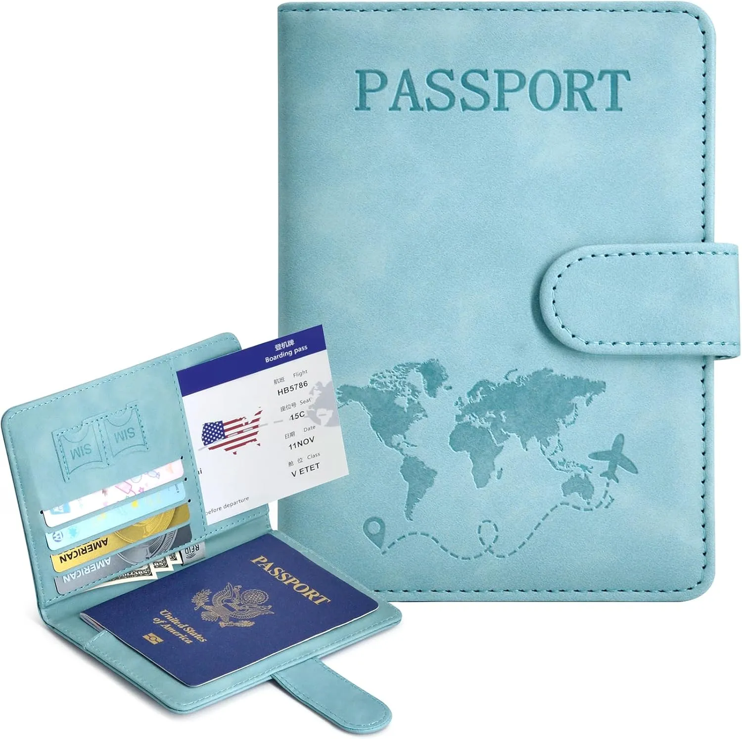 Passport Holder, Passport Cover with Credit Card Slot and Boarding Pass Slot Combo, Passport Wallet Case Book Travel Must Have, RFID Blocking Leather Travel Accessories, Light Blue