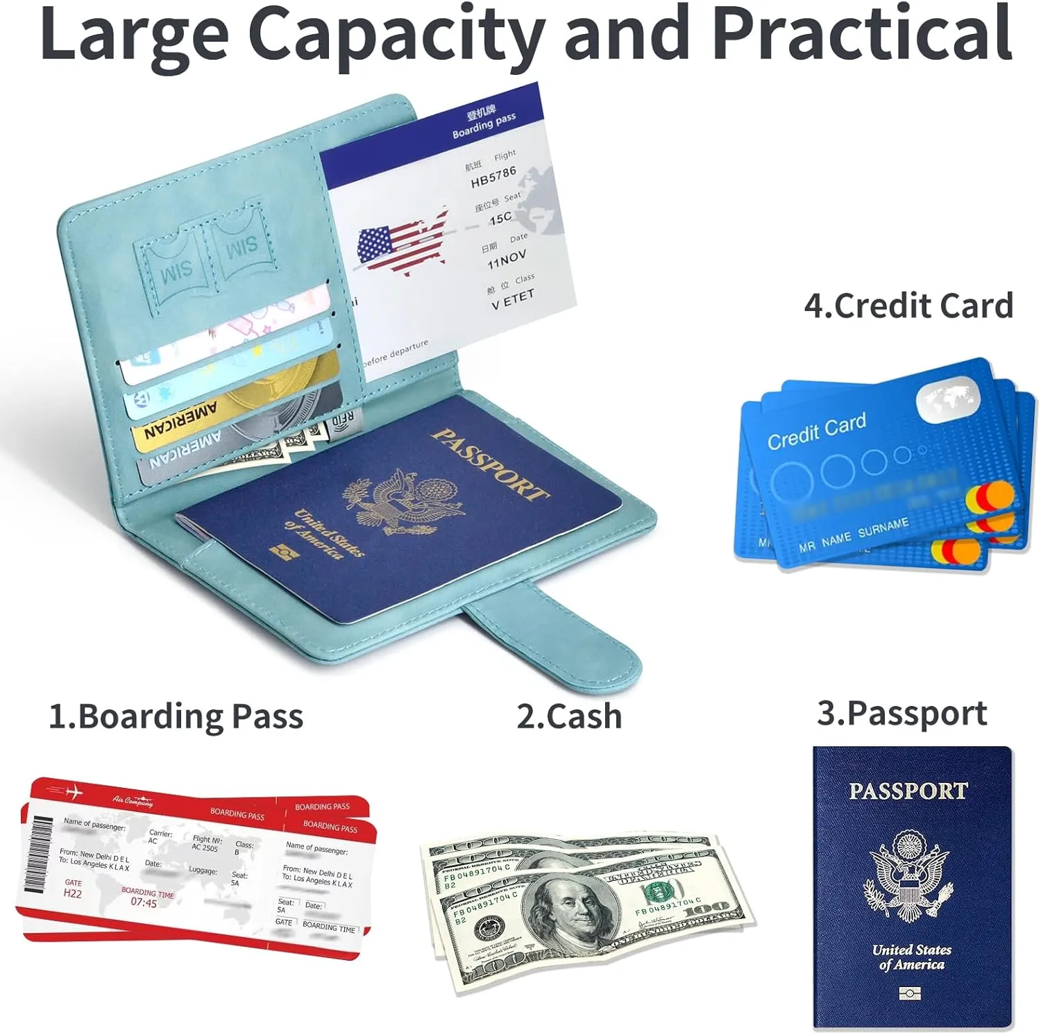 Passport Holder, Passport Cover with Credit Card Slot and Boarding Pass Slot Combo, Passport Wallet Case Book Travel Must Have, RFID Blocking Leather Travel Accessories, Light Blue